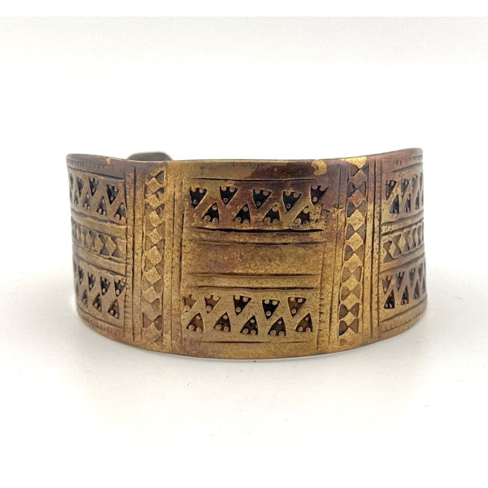 Vintage African Brass Cuff Bracelet Wide Etched Heavy Tribal Style 140g Massive